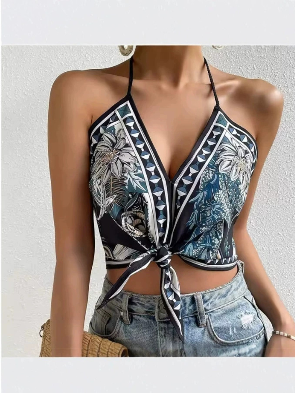 ZARA Vacation Style Sexy Floral Print Knot Halter Neck Sleeveless Tie Top